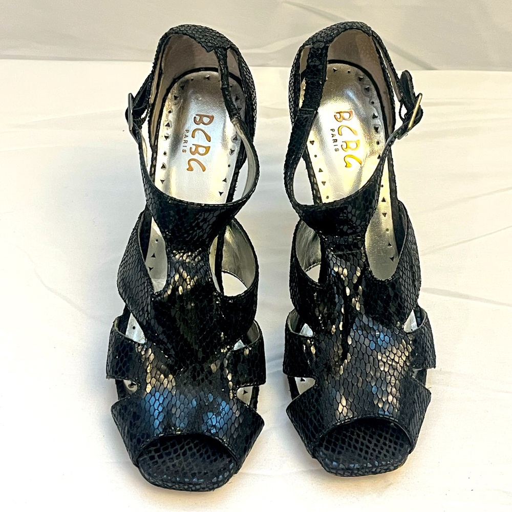 BCBG Blue-black Snakeskin Leather Ankle strap Heels